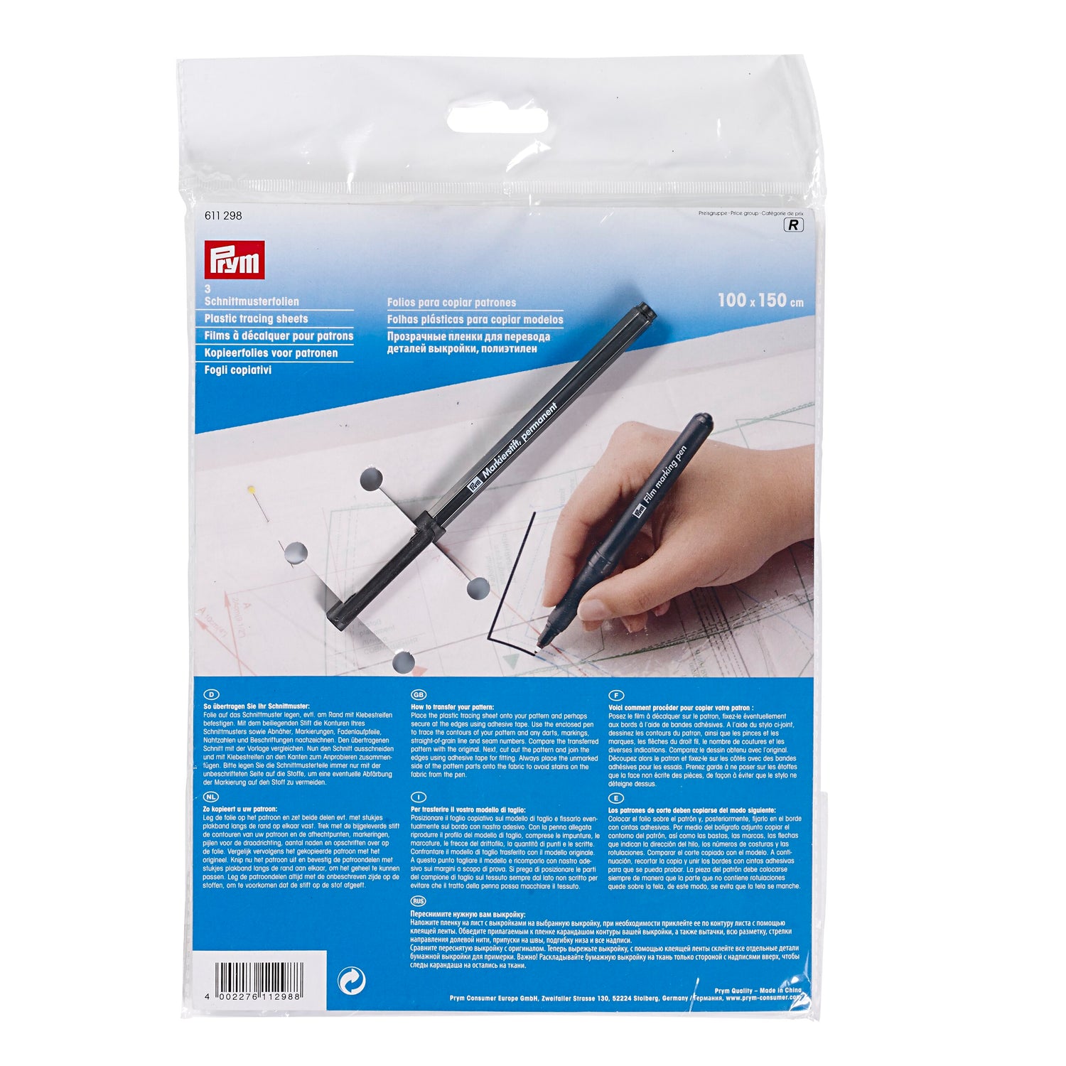 Prym Schnittmusterfolien mit Stift 3 Bögen